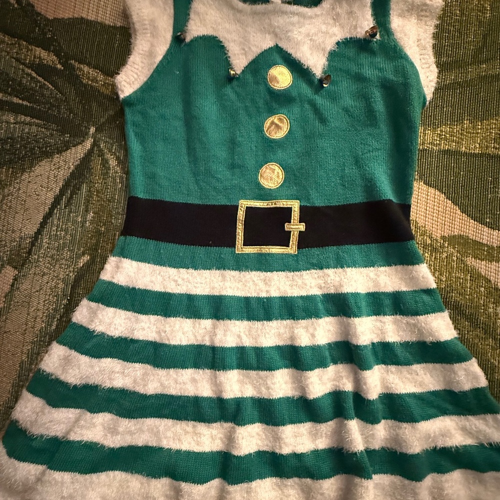 Elf sweater dress Holiday time green fuzzy a line dress